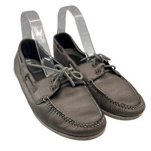 L.L. Bean Silver Gray Metallic Leather Slip On Lace Up 2 Eye Boat Shoe Loafer